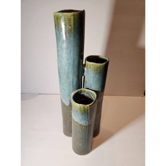 Tall Tri-Cylinder Heavily Glazed Green Blues Vases Adjoined Together Twi-ware Si - Picture 2 of 8
